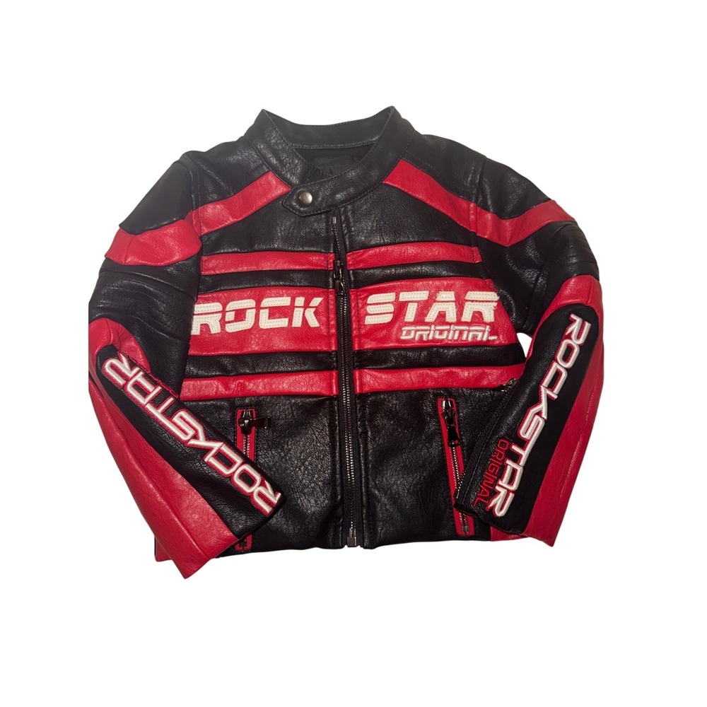 Rockstar Original Thunder Kids Leather Biker Jacket Black Red 2T Motorcycle